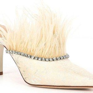 Nicola Bathie Cream Feather Mule Heels with Rhinestone Trim